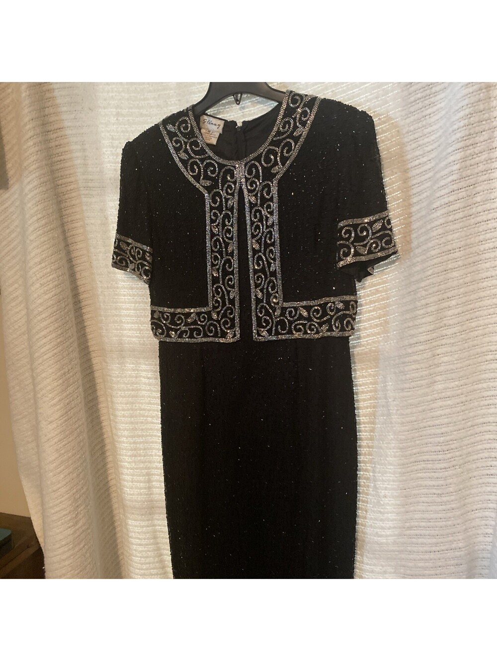 Vintage Stenay Black/Silver Beaded Sequin Evening Party Formal Dress Silk 12
